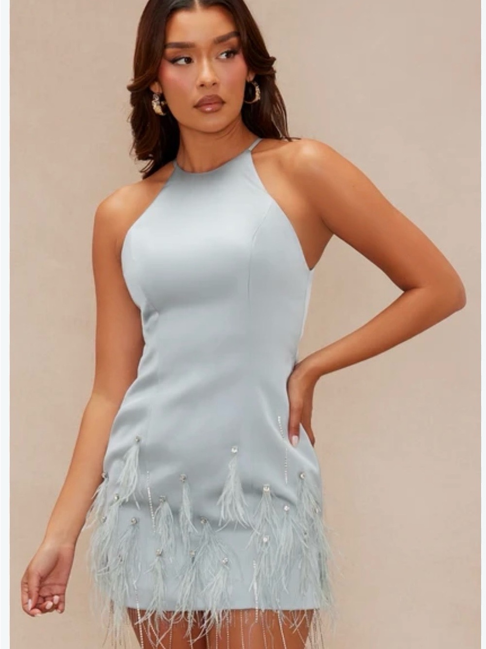 Fashion Nova Light Blue Feather-Trim Halter Minidress